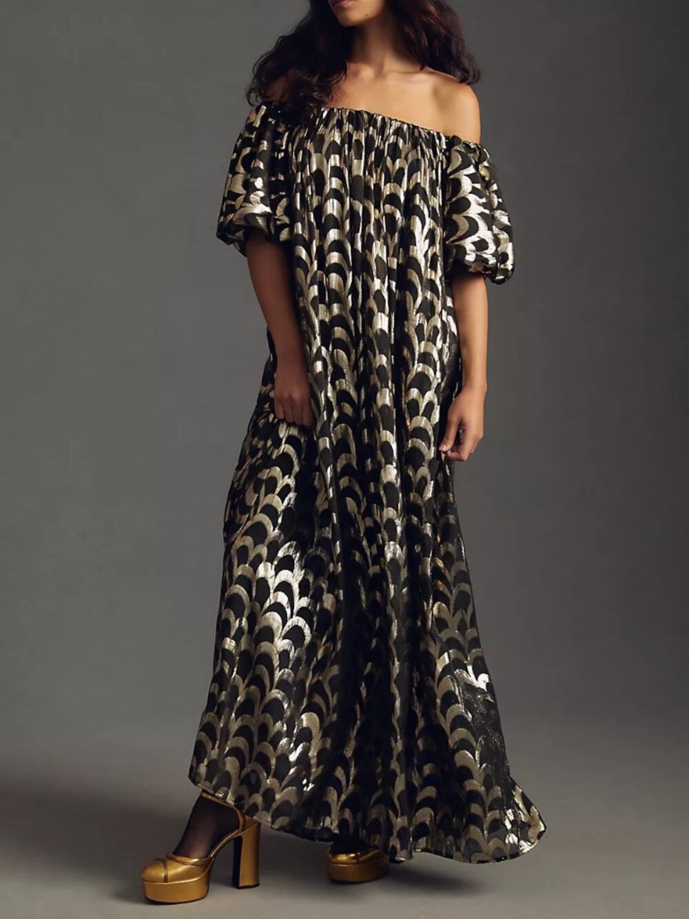 Delfi Off-The-Shoulder Maxi Dress in Black Metallic Size Medium